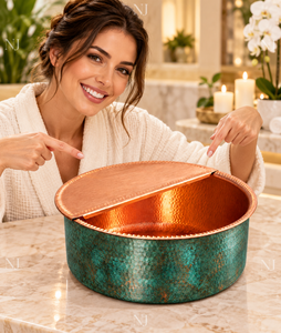 Bol à pédicure artisanal en cuivre martelé NJ avec couvercle, bassin rond pour spa des pieds, patine verte - Product Image 2