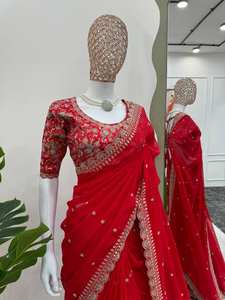 Sari de seda suave pura de diseñador indio de color rojo, borde de trabajo de secuencia y trabajo de bordado hermoso para ropa de boda y fiesta - Product Image 3