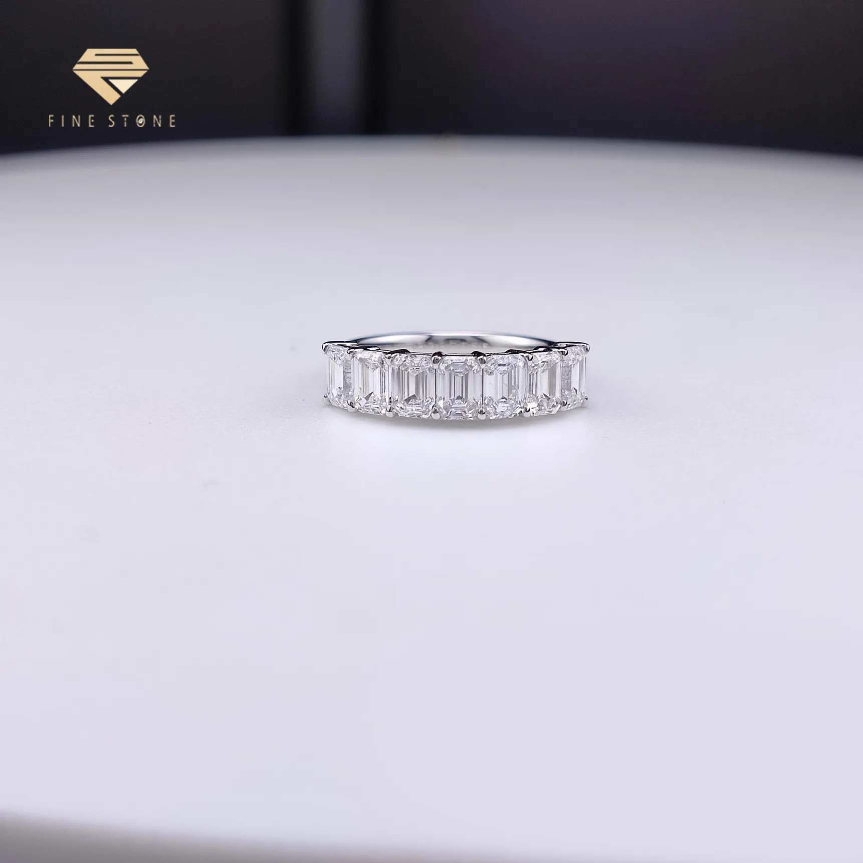 Emerald cut lab grown diamond engagement ring Half Eternity Band 18k White Gold HPHT/CVD Diamond