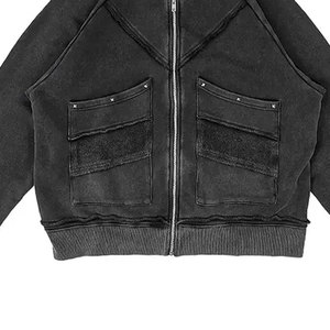 OEM personalizado de los hombres de la cremallera completa sudaderas con capucha parche bolsillo 3D patrón bordado Logo mangas lavadas peso 500 GSM polar invierno - Product Image 5