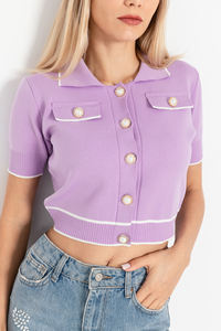 Woman Knitwear Crop Cardigan <b>Short</b> <b>Sleeve</b> Buttoned Polo Neck Custom <b>Knitting</b> Elastic Cardigan ODM OEM Services - Product Image 4