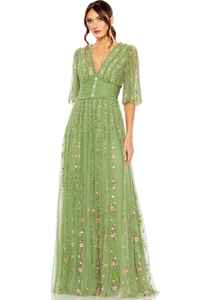 Robe longue à col en V profond avec ceinture, manches courtes et encolure longue ornée du dos, brodée pour les fêtes et les occasions - Product Image 3