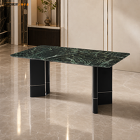 Table à manger rectangulaire moderne de luxe en marbre vert avec base noire, 8 places, pour hôtel, villa, restaurant, salles à manger