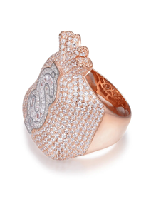 Anillo con Incrustaciones de Circonitas en Corte Baguette con Diseño de Signo de Dólar y Bolsa de Dinero, Chapado en Rodio y Oro de 14K con Piedra Principal de Moissanita para Fiestas y Regalos - Product Image 5