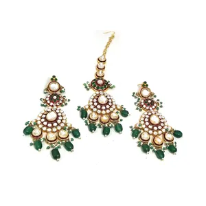 ชุดเครื่องประดับวินเทจ Kundan Polki ชุบทอง ประดับด้วยพลอยสีเขียวและลูกปัดเคลือบสีแดง สำหรับงานแต่งงานหรืองานเลี้ยง - Product Image 6