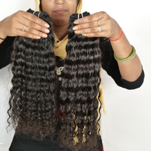 Extensiones de cabello humano indio de templo sin procesar alineado con cutícula, mechones de cabello virgen rizado de Color negro Natural 100% - Product Image 6