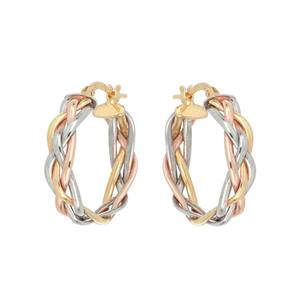 Pendientes de Aro Estilo Trenzado de Alta Calidad al por Mayor, Tres Colores, Cuatro Tubos, 15mm, Chapados en Oro de 18K, Plata de Ley 925 - Product Image 2