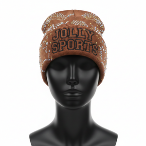 Bonnet en tricot acrylique GSM premium pour femme, élégant, avec strass, couleur marron, logo personnalisé disponible, bonnet jacquard. - Product Image 1