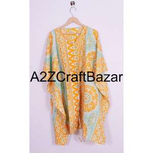 Robe kaftan mi-longue à manches courtes et col en V 100% coton, volants, imprimé floral bohème, coupe régulière, respirante, pour les fêtes d'été - Product Image 6