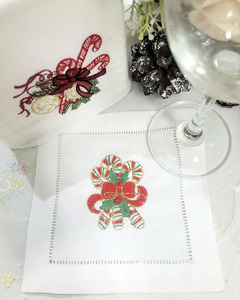 Servilletas bordadas de cóctel de Navidad de bastón de caramelo 6x6 'Servilleta de bebida de algodón blanco Hemstitch para vacaciones en casa o uso en Bar - Product Image 1