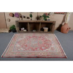 Vintage Turkish Rug <b>Red</b> Beige 4.7 X 6.2ft Large Area Woolen Patchwork Design for Hallway or Bedroom <b>Latex</b> Backed - Product Image 1