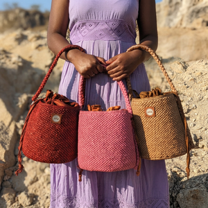 Sac seau en raphia pour femme Ana avec cordon de serrage, style bohème, bandoulière unique, pour la plage et usage quotidien, rose, rouge, marron - Product Image 4