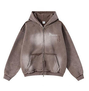 Plain High Quality Acid Washed Streetwear 400gsm Distressed Winter Sweatshirt Loose Oversized <b>Men</b> <b>Zipper</b> <b>Hoodie</b> - Product Image 1