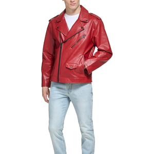 Veste moto en cuir PU rouge pour homme, col rabattu, fermeture éclair, coupe classique, couleur unie, style automne - Product Image 4