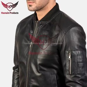 Chaqueta Bomber de Cuero Genuino Negro para Hombre, Cuello Acanalado, Cremallera, Bolsillos en las Mangas, Piel de Oveja, Chaqueta de Vuelo MA1 Personalizada, Abrigo de Invierno para Aviador - Product Image 6