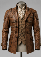 Veste en cuir pour homme avec boutons à double boutonnage et col montant