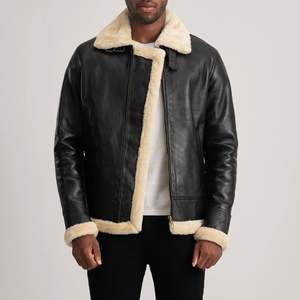 Blouson aviateur réversible en peau de mouton et cuir véritable Francis B-3 noir et crème, taille XS, fermeture éclair, hiver - Product Image 1
