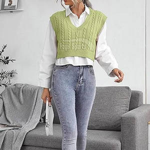 Custom OEM Winter V-Neck 100% Cotton Breathable Sleeveless Knit <b>Vest</b> Front Logo - Product Image 4