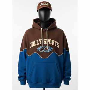 Sweat à capuche 320GSM en coton mélangé doux, panneaux bicolores marron et bleu, broderie, logo personnalisé, sweat à capuche basique - Product Image 1