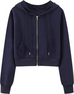 Sweat-shirts à capuche courts en molleton de coton de style kangourou avec fermeture éclair en acier inoxydable, bordure côtelée, pour femmes, designs personnalisés, utilisation de marque privée - Product Image 6