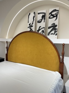Round <b>Bed</b> With Orange Velvet Headboard <b>Platform</b> Style Eclectic Design Solid Wood <b>Frame</b> King Queen Full Size - Product Image 6