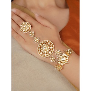 1 pièce Jadau Kundan Hathphool Bracelet fin plaqué or en couleurs blanc et vert foncé MHP107Y - Product Image 1