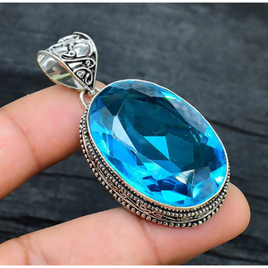 Colgante de Plata de Ley 925 Hecho a Mano con Piedra Preciosa de Topacio Azul de Calidad AAA+, Tamaño 2.2'', Cus-Jew144 - Product Image 2