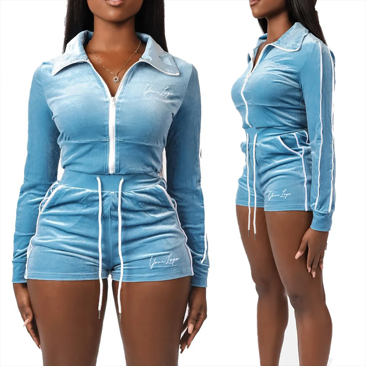 Hot Sale Girl 'S Trendy Velours Custom Hoodies & Shorts Outfits Vrouw Kleding Fabrikanten Rits Crop Fluwelen Hoodies Sets