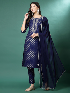 Kurtis de créateur exclusifs pour femmes, vêtements ethniques, tissu en coton pur, bleu marine, Kurti brodé droit, pantalon assorti, dupatta - Product Image 6