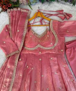 DESIGNER FENDY SATIN SEQUENCE EMBROIDERY WORK GOWN BOTTOM DUPATTA WEDDING WEAR WHOLESALE PRICE ETHNIC GARMENT BABY PINK COTTON - Product Image 4