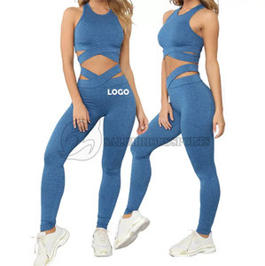 Taille moyenne 2 pièces Yoga ensemble femmes Logo personnalisé bretelles entrecroisées séchage rapide léger croix Legging soutien-gorge motif solide grande taille - Product Image 1