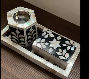 Sea Shall Tray <b>Eid</b> <b>Gift</b> Ramadan <b>Gift</b> Bone Inlay Tray Set With Box and Burner Incense Bakhoor Colour Bone Mubkhar Set - Product Image 2