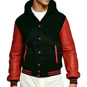 Custom <b>Men</b> Varsity Letterman Jacket with <b>Real</b> Leather Sleeves Wool Body Ribbed Comfortable <b>Black</b> Red Hoodie - Product Image 3