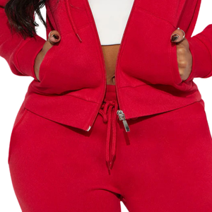 Ensemble survêtement décontracté pour femme, sweat à capuche rouge et pantalon de jogging, imprimé couleur unie, fermeture éclair intégrale, manches longues, polaire, pour l'hiver et l'automne - Product Image 6