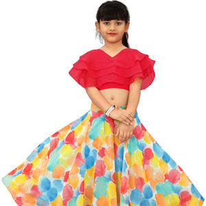 ชุดเลเฮนกาโชลีพิมพ์ลายหลากสีสำหรับสาวๆ แบรนด์ Shoryam พร้อมเสื้อครอปแขนระบายเป็นชั้นๆ เหมาะสำหรับงานเทศกาล งานแต่งงาน ขายส่ง - Product Image 1