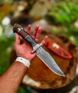 Cuchillo de Caza de Acero de Damasco Hecho a Mano, Cuchillos de Hoja Fija para Campismo y Supervivencia, con Funda de Cuero Fino, Cuchillos de Acero Personalizados - Product Image 3