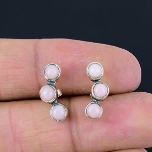 925 Sterling Silver Pink <b>Opal</b> Gemstone Stud <b>Earring</b> Round Shape Handmade Jewelry Gift for Easter Day Wholesale Price - Product Image 2