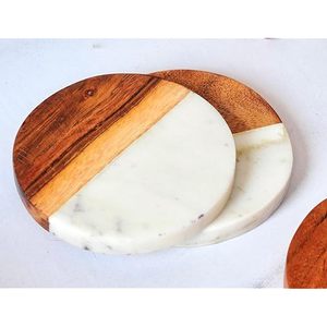 Modern Style Handcrafted <b>Ceramic</b> <b>Coasters</b> White Marble & Mango Wood Classic Style Drinks Holder - Product Image 1