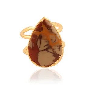 Trending fashion pear shape natural red jasper gemstone rings 24k gold plated double layer open adjustable rings gift for mother