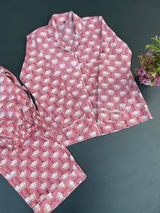 Women's Ultra-Soft Cotton <b>Pajama</b> Set Hand Block Floral Print Night Dress Long Length Button Decoration Comfortable Light Wear - Product Image 2