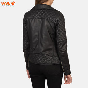 Chaqueta de motorista de cuero genuino para mujer con estilo, cremallera asimétrica, cuello alto ajustado, cierre de cremallera transpirable, prendas de vestir exteriores negras - Product Image 5