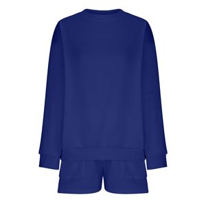 Conjunto de 2 piezas para mujer, Sudadera de cuello redondo de Color sólido y pantalones cortos por encima de la rodilla, logotipo personalizado, ajuste holgado, patrón de invierno, estilo informal - Product Image 4