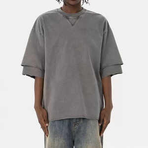 350 GSM camisa transpirable de manga de doble capa de alta calidad lavado ácido Vintage Patchwork hombres dobladillo crudo camiseta Patchwork gris hombres camiseta - Product Image 5