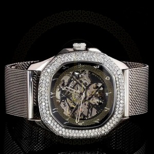 Montre à bracelet squelette en acier inoxydable noir et argent, sertie de diamants Moissanite VVS, avec cadran en verre noir, pour homme, bijoux de mode - Product Image 1
