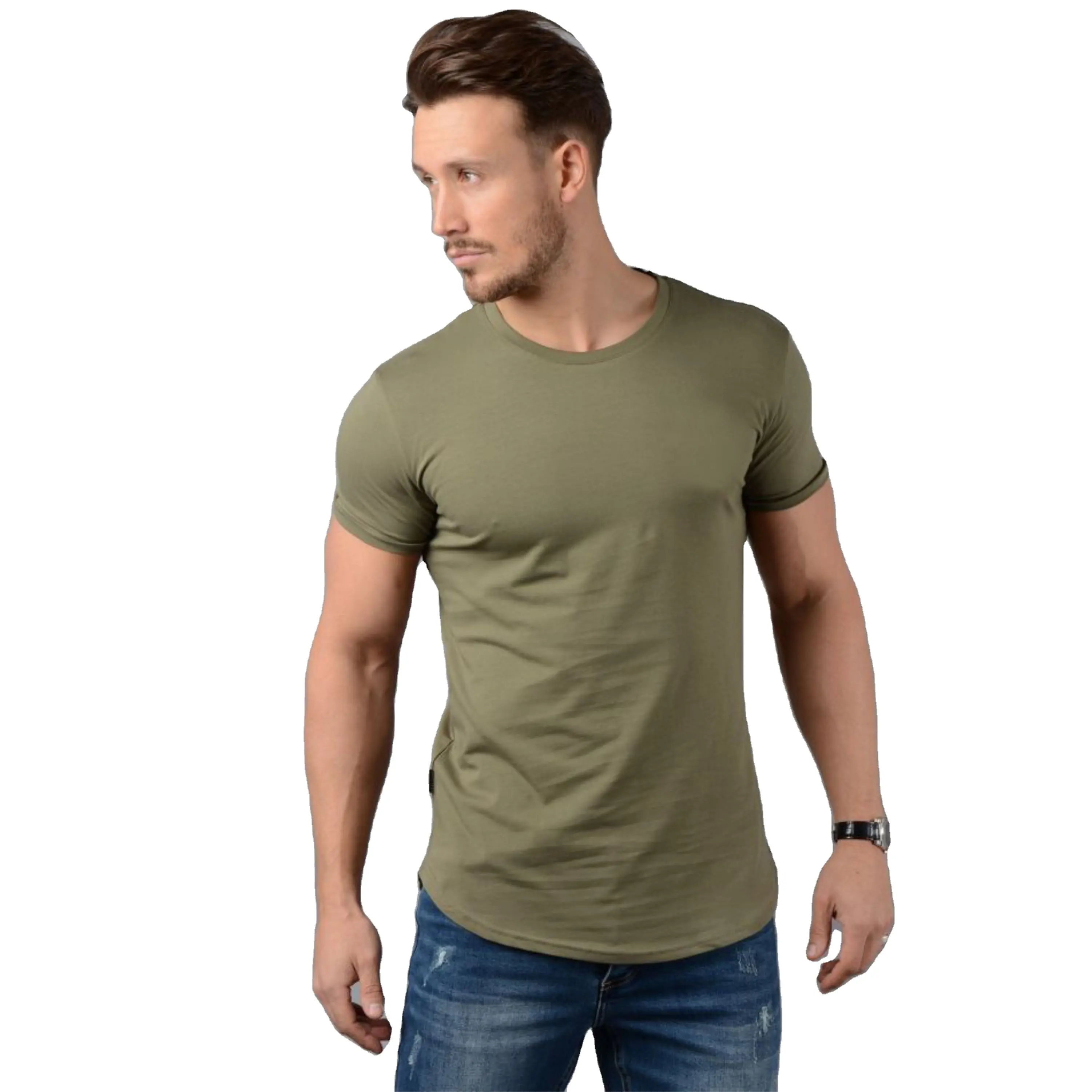 2022 New Slim Fit Longline T Shirt Longer Drop Curved Hem Muscle Slim Fitted Gym 95% Cotton 5% Elastane Mens T Shirt