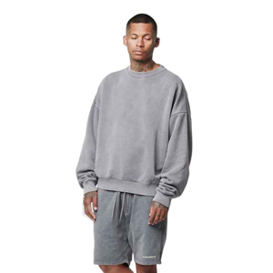 Custom Mock Neck 250gsm 100% Cotton Regular Fit Spring Print Blank Men Acid Wash <b>Crewneck</b> Sweatshirt - Product Image 1