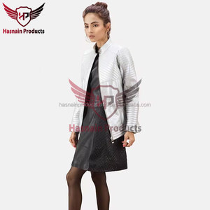 Womens Real <b>Silver</b> Leather Biker <b>Jacket</b> Stand Collar Quilted Chest Sheepskin Coat Zip Pockets Slim Fit Metallic Custom Outwear - Product Image 3
