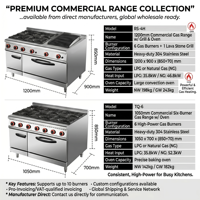 Cuisinière à gaz commerciale à 6 brûleurs avec four, en acier inoxydable, pour cuisine de restaurant