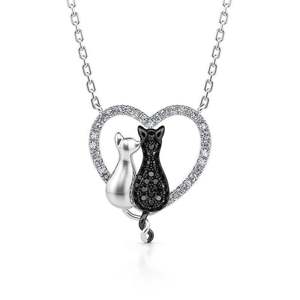 Jeulia Love's Silhouette <b>Cat</b> Couple Sterling Silver Heart <b>Necklace</b> Bezel Set - Product Image 1