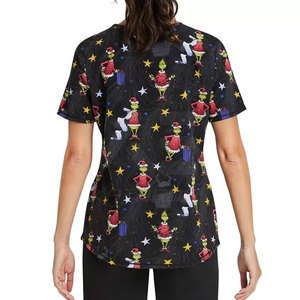 Women's Black Grinch Print <b>Scrub</b> <b>Top</b> 100% Cotton Woven V-Neck Short Sleeve Hospital Uniforms KATBROS INDUSTRY - Product Image 4